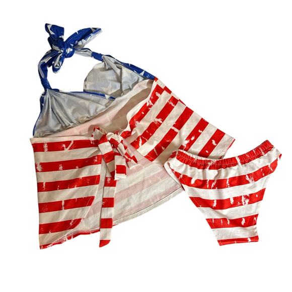 Two Piece Women’s Patriotic Halter Tankini Striped Bikini Bottom Set SZ L Multi - Picture 4 of 9